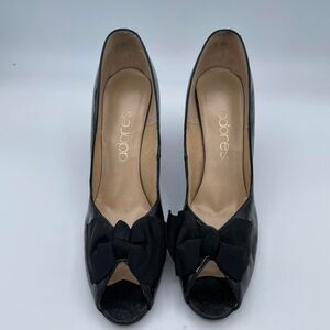 Black Patent Leather Pump Women's 9.5 Peep Toe Heels Vintage Pinup Bows Glam 70s